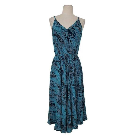 Yumi Kim Silk Animal Print Midi Dress Sz M Blue Black Spaghetti Strap Tassel Tie - Picture 1 of 8